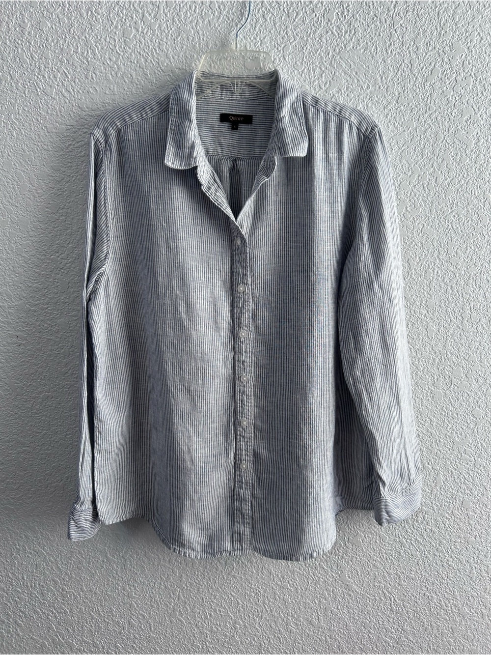 Quince 100% Linen Striped Button Down Shirt Blue White Sz L Coastal Minimalist